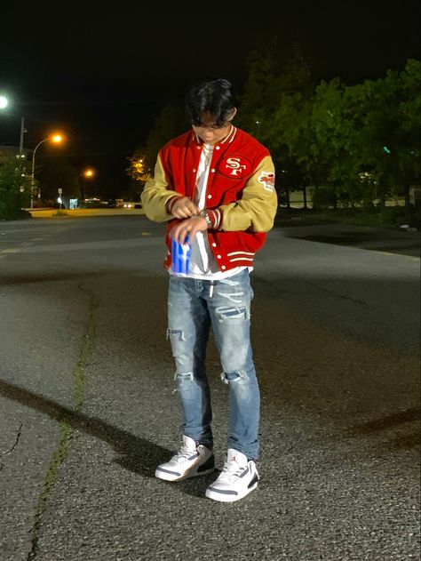 Varsity jacket letterman jacket Jordan 3’s Mens Letterman Jacket, Lettermen Jacket Outfit Men, 90s Letterman Jacket Outfit, Vintage Letterman Jacket Outfit, Letterman Jacket Outfit Men, Red Varsity Jacket Outfit, Varsity Jacket Outfit Mens, Streetwear Varsity Jacket, Letterman Jacket Outfit