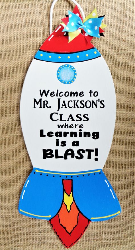 Excited to share the latest addition to my #etsy shop: Welcome Teacher Rocket Ship Sign Learning is a Blast Personalized Name 16" Wall Classroom Kid Welcome Signs Classroom Door, Welcome Sign Preschool Classroom, School Door Ideas Classroom, Back To School Hanging Decorations, Classroom Decor Door Ideas, Welcome Chart Ideas For Classroom, Preschool Classroom Decorations Wall, Welcome To Classroom Door, Teachers Name Sign For Door