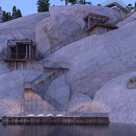 igor sirotov architects has constructed PS1 house into alpine rock face in russia Cliff Homes Architecture, Cliff Architecture, Cliff Building Architecture, Rock Cliff, Volcanic Rock Architecture, Boulder House, Architecture Baroque, Rock Quarries, Cliff House