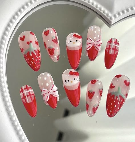 Strawberry Nail Art, Cherry Blossom Nails, Kitty Nails, Fake Nails Designs, Bunny Nails, Simple Gel Nails, Hello Kitty Nails, Casual Nails, Really Cute Nails