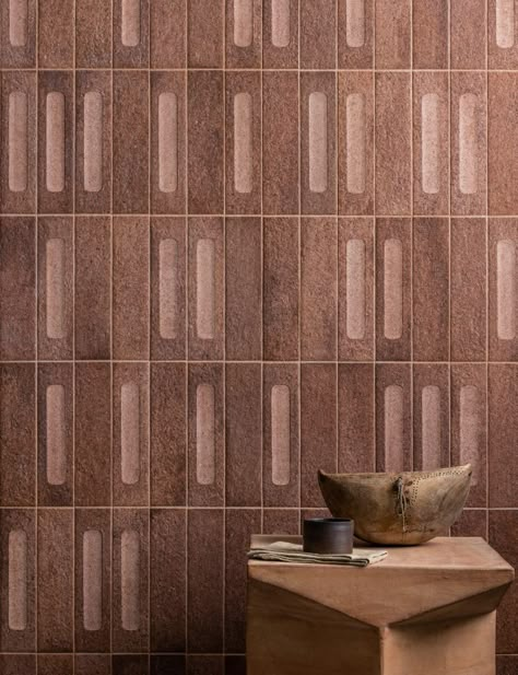 This unique shape and size is a beautiful new color and style to us Tile Paneling Wall, Rust Decor, Terracotta Texture, Stone Tile Texture, Panelling Ideas, Wall Tile Texture, Brick Slips, Brick Wall Texture, Rust Colour