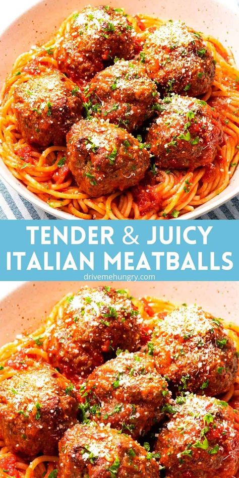 If you're looking for the best meatball recipe, look no further! These Italian meatballs are soft, tender & melt-in-your-mouth delicious! They're made with ground beef and breadcrumbs and then baked in the oven. Top with Parmesan cheese and Italian herbs for the best Italian meatballs! Easy to make, perfect with spaghetti, and great for Thanksgiving or Christmas! Tender Italian Meatballs, Italian Rice Balls With Meat Ground Beef, Oven Baked Italian Meatballs, Spicy Italian Meatball Recipes, Meat Ball Pasta Recipe, Italian Meatballs In Oven, Italian Meatball Recipes Ground Beef, Soft Meatballs Recipes, Baked Meatballs Oven Easy