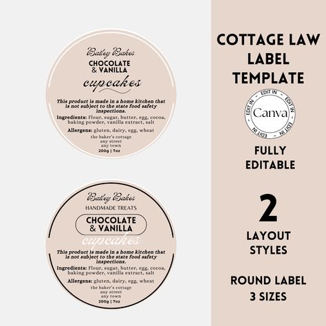 Ensure your homemade treats comply with regulations using our Cottage Law Label Editable Template. In three different sizes, these customizable round labels can be printed as stickers or hanging labels to create a professional look for your products.  Perfect for showcasing ingredients, allergens, and ensuring food safety standards are met. Whether you need cottage food labels, bakery food labels, or DIY cookie labels, our customizable Cottage Law Template,  provides an easy and editable bakery Cottage Law Food, Food Label Design, Hanging Labels, Cookie Label, Ingredients Label, Food Label Template, Cottage Food, Canning Jar Labels, Florida Cottage