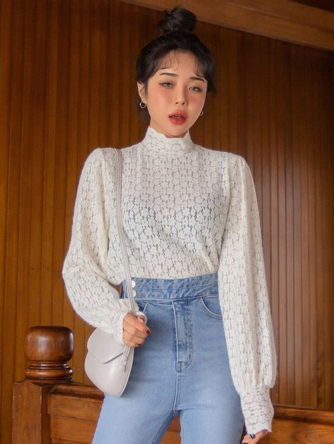 DAZY Mock Neck Bishop Sleeve Lace Tee Elbow Bishop Sleeves, Feminine Puff Sleeve Top With Bishop Sleeves, Casual Bishop Sleeve Puff Top, Casual Blouse With Billowy Bishop Sleeves, White Fitted Bishop Sleeve Tops, Lace Tee, Long Neck, Bishop Sleeve, Cute Lazy Outfits