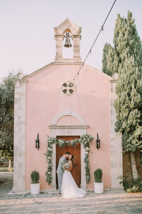 This Whimsical Crete Wedding Transformed Agreco Farm into a Greek Wonderland | Junebug Weddings Doorway Arch, Agreco Farm, Crete Wedding, Ceremony Aisle, Aisle Flowers, Church Decorations, Arch Backdrop, Wedding Church, European Wedding