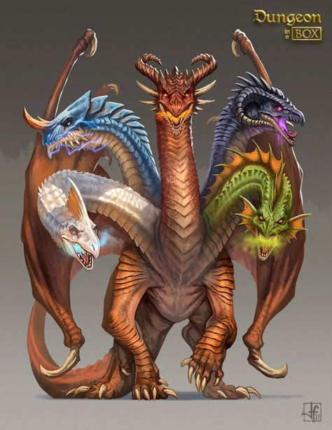 Dungeon in a BOX: Tiamat, Javier Franco Santacreu on ArtStation at https://www.artstation.com/artwork/nYzd4K Five Headed Dragon, Tiamat Dragon, She Kills Monsters, Ichigo Y Rukia, Mythical Dragons, Dragon Artwork Fantasy, Dnd Dragons, Dragon Sketch, Mythical Animal