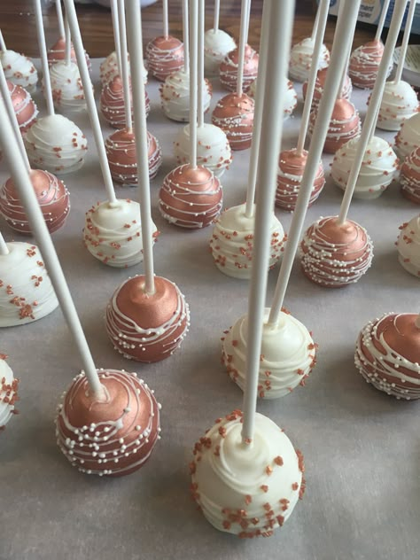 Boho Rainbow Cakepops, Rose Gold Party Food, Sweet 16 Cakepops, Rose Gold Cupcake Ideas, Boho Rainbow Cake Pops, Wedding Shower Cake Pops, Cake Pops Rose Gold, Cake Pops Boho, Rose Gold Desserts