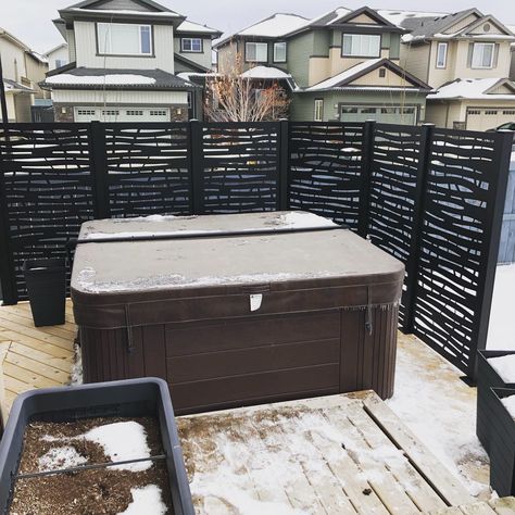 Friends of our used privacy screens to surround their hot tub. I love these because there is nearly a dozen houses nearby that can see the hot tub but the screens provide privacy and also block the wind. Hot Tub Wind Block, Hot Tub Screening Ideas, Hot Tub Enclosure, Hot Tub Privacy, Spa Outdoor, Backyard Spa, Corner Pergola, Backyard Creations, Hot Tub Patio