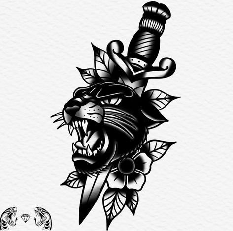 Black Panther Tattoo American Traditional, Tattoo Styles Oldschool, Old School Panther Tattoo Design, Tatto Old Scold, Traditional Style Panther Tattoo, Traditional Tattoo Art Panther, Trad Panther Head Tattoo, Tattoo Old School Black, Black And Grey Traditional Tattoo