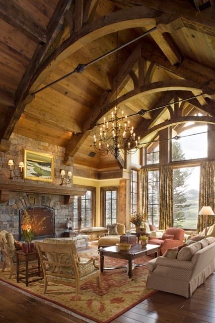 great room Cabin Ceiling, Cottage Lodge, Timber Truss, Rustic Homes, Enchanted Home, Rustic Retreat, Rustic Home Design, Cabin Living, Log Cabin Homes