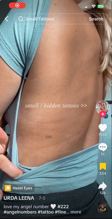 First Tattoo Placement For Women, Tiny Tattoos Placement Hidden, Number Placement Tattoos, Angel Number Back Tattoo, 222 Tattoo Placement, Small Back Tattoo Placement, Small Hidden Tattoos Placement, Hidden Tattoos Placement, Upper Rib Tattoo Women