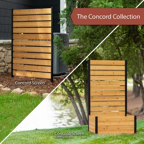 Elevate your outdoor living space with our premium cedar privacy screen and planter box from the Concord Collection. Designed to complement our single panel, no-dig Concord Privacy Screen (EC18022), this decorative yet functional piece transforms your patio, deck, yard, or garden into a serene oasis. Measuring 73”H x 41”W x 26.5”L when assembled, and featuring a spacious 18.5”H x 41”W x 26.5”L planter box, this unit offers ample space for growing plants and flowers. Crafted from 100% FSC certified wood and finished with an environmentally safe water-based stain, our patented screen promotes efficient airflow, making it perfect for concealing air conditioners, trash cans, pool equipment, and more. The environmentally friendly, BPA and lead-free planter box liner ensures safe cultivation of Planter Box Liners, Wood Privacy Screen, Outdoor Privacy Fence, Hide Trash Cans, Privacy Screen Deck, Outdoor Privacy Screen, Privacy Fence Panels, Patio Privacy Screen, Privacy Fence Screen