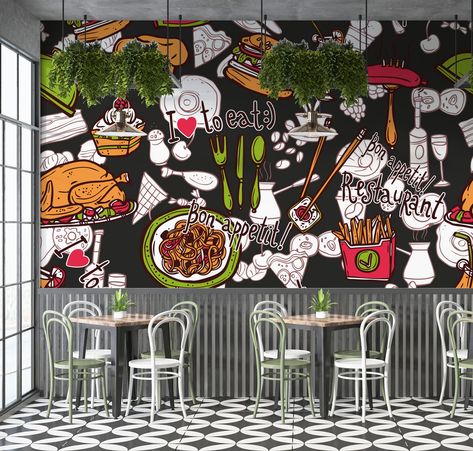 Restaurant Wall Mural Ideas, Wallpaper For Restaurant Wall, Restaurant Wallpaper Design, Wall Graphics Restaurant, Food Mural, Restaurant Wallpaper, Restaurant Mural, Burger Pizza, Lotus Wallpaper