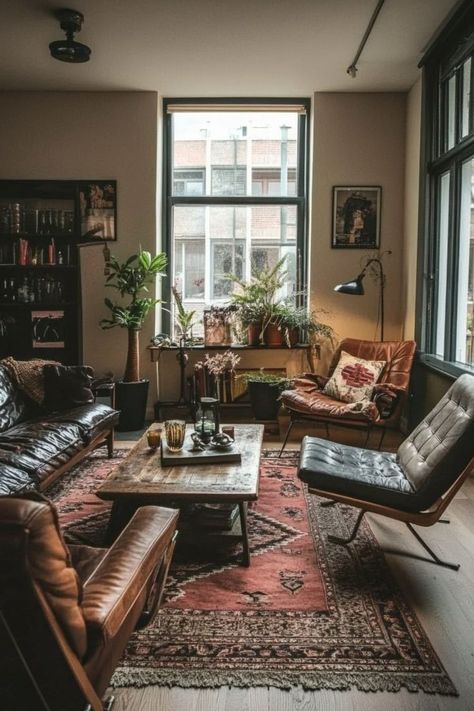 Infuse Charm with Vintage Living Room Inspirations 🛋️✨ Transform your living room with vintage decor that exudes timeless charm. From antique furniture to classic color schemes, create a cozy and elegant space. 🌿🕰️ #VintageLivingRoom #HomeDecor #ClassicDesign #InteriorInspo Leather Couch Aesthetic Dark, Antique Industrial Living Room, Cozy Dark Wood Living Room, Vintage House Living Room, Grandpa Chic Interior Design, Retro Vintage Living Room, Mismatched Furniture Living Room, Antique Living Room Decor Vintage Modern, Vintage Modern Decor Living Room