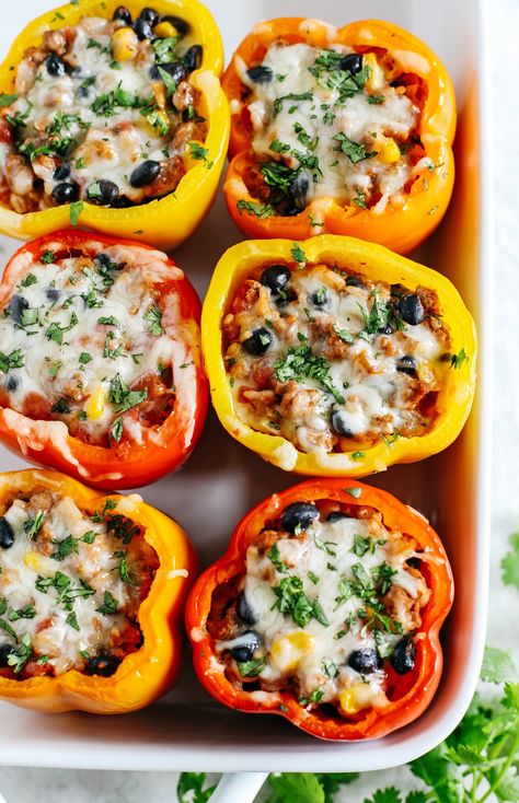 Stuffed Bell Peppers Turkey, Mexican Stuffed Bell Peppers, Stuffed Bell Peppers Ground Beef, Healthy Stuffed Bell Peppers, Seasoned Ground Turkey, Corn And Black Beans, Mexican Stuffed Peppers, Lower Carb Meals, Stuffed Peppers Turkey