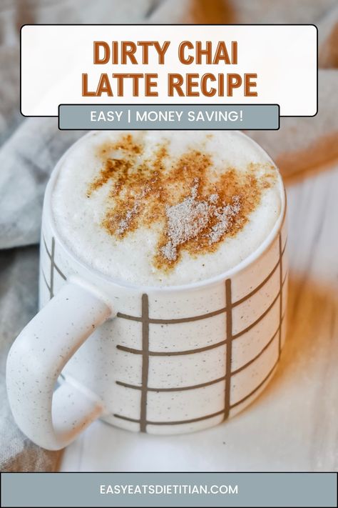 Dirty Chai Latte Recipe Chia Latte Recipe, Dirty Chai Latte Recipe, Vanilla Chai Latte, Dirty Chai Latte, Fall Coffee Recipes, Morning Treats, Chai Latte Recipe, Dietitian Recipes, Healthy Starbucks