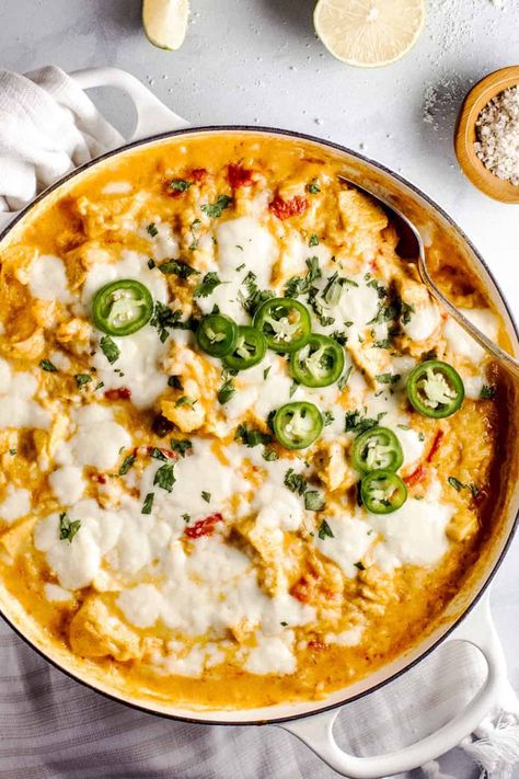 Queso Chicken Skillet Chicken On The Beach Recipe, Chicken On The Beach, Queso Chicken, Queso Recipe, Chicken Skillet, Cilantro Lime Chicken, Queso Dip, Tex Mex Recipes, Stuffed Banana Peppers