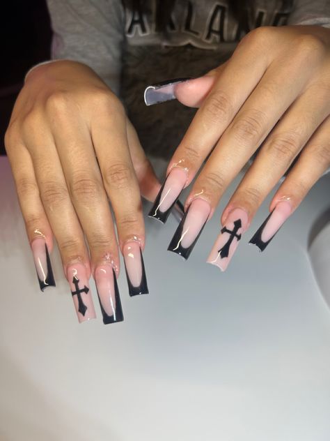 Black French Tip Long Nails, Baddie Black French Tip Nails, White Nails With Black Cross, Nails Acrylic With Cross, Black French Tip With Cross, Black French Tip Nails With Cross, Short Nails With Cross, Black Acrylic Nails Square, Black Nails With Cross Design