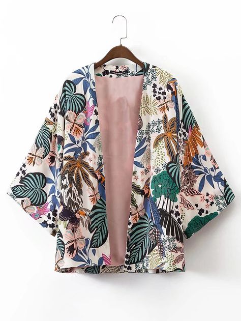 Shop Tropical Print Open Front Kimono online. SheIn offers Tropical Print Open Front Kimono & more to fit your fashionable needs. Kimono Online, Loose Kimono, Open Front Kimono, Kimono Shirt, Mode Kimono, Womens Kimono, Print Kimonos, Floral Kimono, Moda Vintage