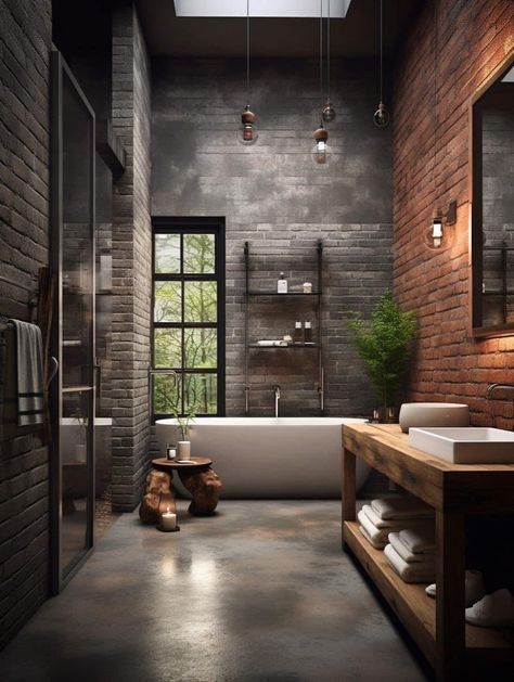 Exposed Brick Bathroom, Modern Industrial House, Brick Bathroom, Loft Luxury, Industrial Bathroom Design, Industrial Style Bathroom, Brick Interior, Industrial Home Design, Loft Interior Design