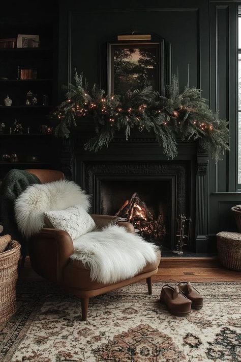 16 Moody Christmas Decor Ideas for a Super Cozy Holiday 23 Moody Whimsical Aesthetic, Moody Yule Decor, Magnolia Christmas Decor Ideas, Vintage Moody Living Room, Christmas Mantels Ideas, Dark Christmas Aesthetic, Dark Christmas Decor, Moody Christmas Tree, Moody Christmas Decor