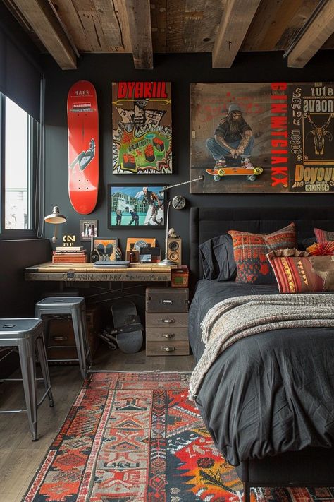 29 Street Style Bedroom Ideas for an Edgy and Urban-Inspired Sanctuary 9 Concrete Floors Bedroom Ideas, Men Room Ideas Bedrooms Small, Interesting Bedrooms, Grunge Home Decor, Home Decor Ideas Men, Ruang Studio Musik, Skateboarding Aesthetic, Mens Bedroom Decor, Chill Room