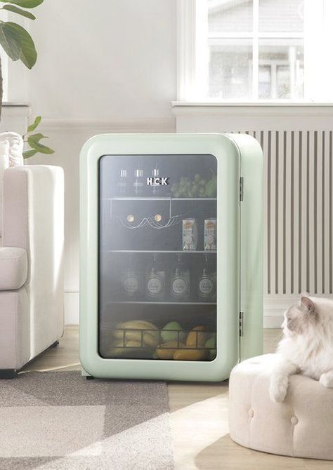 Refreshment Station, Mini Fridge In Bedroom, Minimalist Bedrooms, Hangout Room, Cool Drinks, Dream Dorm, Retro Fridge, Beverage Refrigerator, Salon Suites