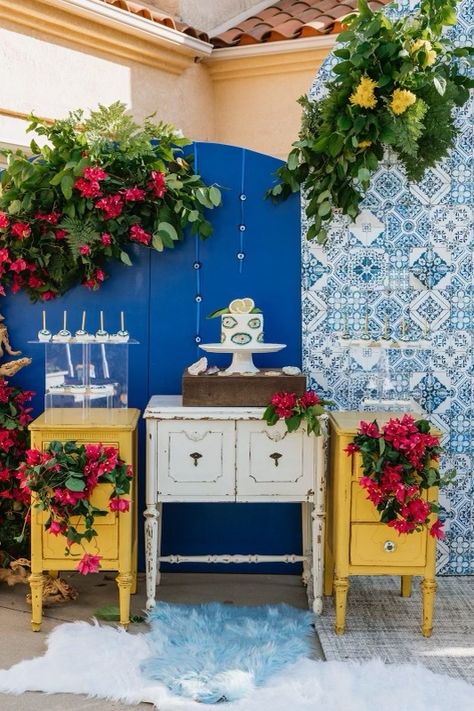 Santorini Bridal Theme, Greece Theme Backdrop, Mama Mia Shower Theme, Mexican Talavera Party, Mama Mia Bridal Shower Ideas, Mamma Mia Garden Party, Clase Azul Party, Greek Theme Party Decorations, Mama Mia Bridal Shower Theme