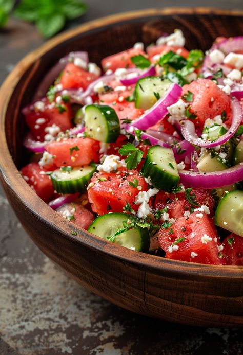 Learn How to Cook Watermelon Feta Salad Recipe For Free | Recipes You'll Love, Made Easy! Watermelon Feta Salad Recipes, Salad With Red Onion, Watermelon Mint Salad, Perfect Watermelon, Pane Pita, Trendy Recipes, Watermelon Salad Recipes, Feta Salad Recipe, Hummus And Pita