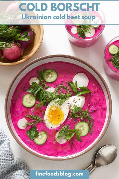 Cold borscht Beetroot Soup, Beet Soup, Summer Soup, Cold Soup, Creamy Soup, Polish Recipes, Vegan Cake, Fuchsia Color, Kefir