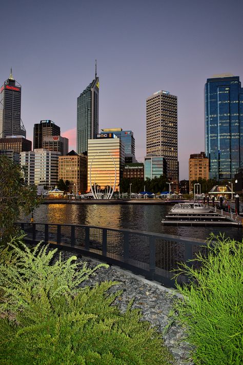 Elizabeth Quay,Perth, Australia at dusk. Perth Australia Beach, Elizabeth Quay, Zen Photography, City Signs, Bundaberg Rum, Western Australia Travel, Cairns Queensland, Perth City, City Sign