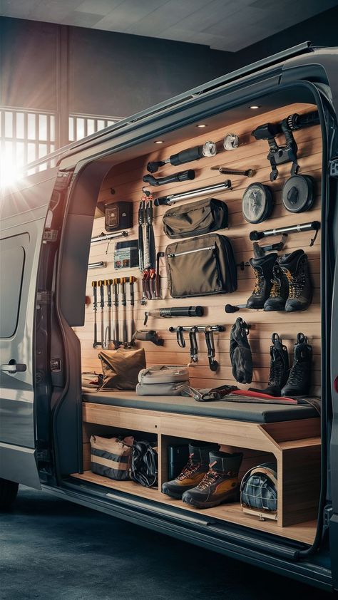 A sleek, modern gear wall with streamlined storage and table flips in a minimalist van. Van Organization, Gear Wall, Table Flip, Van Storage, Camper Van Conversion Diy, Storage Systems, Camper Van Conversion, Wall Designs, Motor Scooters