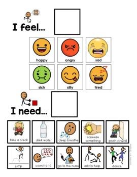 Visual support to communicate feelings and needs. I use this with nonverbal students in my classroom to communicate their feelings and needs to avoid negative behaviors. Made with symbol stix! I Feel I Need Visual, Visual Supports For Behavior, Aba Therapy Activities Nonverbal, Zone Of Regulation Activities, Special Education Preschool Activities, Communicate Feelings, Aba Activities, Aba Therapy Activities, Elementary Special Education Classroom