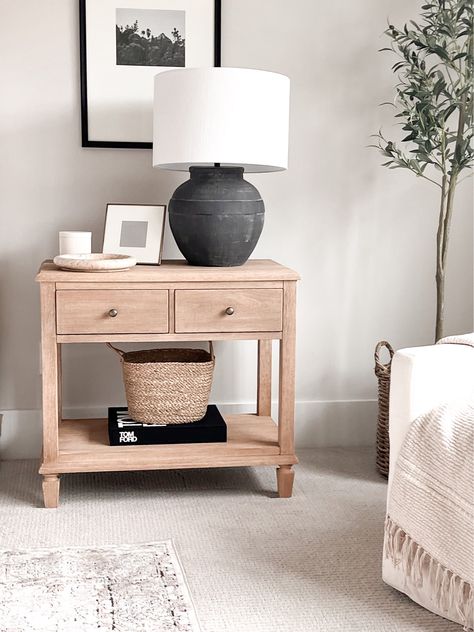 Nightstand In Living Room, Console Table As Nightstand, Open Shelf Nightstand Decor, Styling Nightstand Bedside Tables, Black Nightstand Decor, Pottery Barn Nightstand, Bed Side Table Wood, Sausalito Nightstand, Bed Side Table Styling