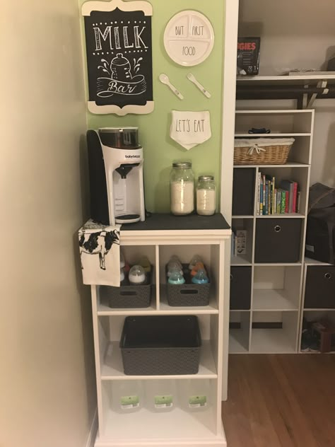 Made a “Milk Bar” 🐮. Great idea for moms who are formula feeding. Bottle Station Kitchen, Nursery Milk Station, Formula Bottle Station, Bottle Station In Nursery, Formula Storage Ideas, Baby Feeding Station Kitchen, Nursery Feeding Station, Formula Milk Storage, Formula Feeding Station