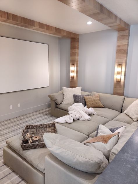 Bonus Room Movie Room Ideas, Comfy Basement Furniture, Master Bed With Couch At End, Media And Playroom Ideas, Cozy Bonus Room Ideas, Living Room In Basement Ideas, Movie Room Sectional, Cozy Basement Movie Room, Movie Room With Sectional