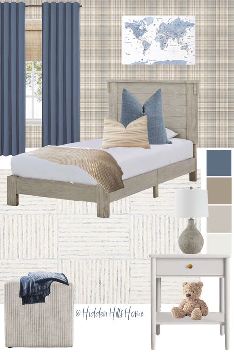 Boys bedroom mood board with blue and beige tones throughout! This boys room features a beige plaid wallpaper paired with blue curtains! Coastal Blue Bedroom, Bedroom Inspirations Blue, Boys Duvet Cover, Beige Bedroom Decor, Boys Room Blue, Blue Bedroom Decor, Beige Bedroom, Toddler Boys Room, Boys Bedroom Decor