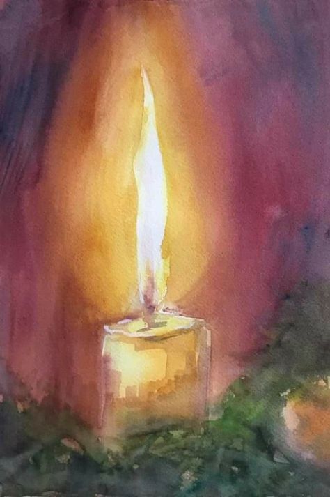 Watercolour Candle Painting, Candle Painting Watercolor, Christmas Candle Watercolor, Watercolor Christmas Candles, Watercolor Candles Painting, Light In The Dark Art, Candle Art Drawing, Water Coloring Painting, Candle Painting Art