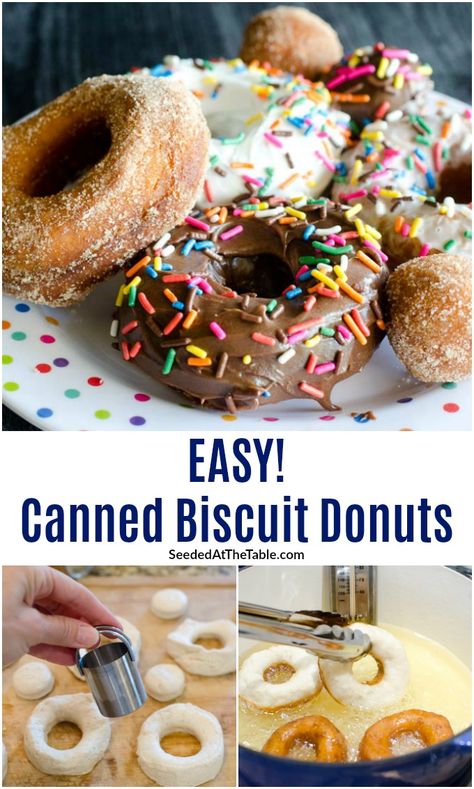 Biscuit donuts are the easiest way to make donuts at home. To make these "homemade donuts" you just need canned biscuits, vegetable oil and toppings! Making Donuts From Biscuits, Make Donuts At Home, Canned Biscuit Donuts, Homemade Donut Recipe, Pillsbury Biscuit Recipes, Donuts At Home, Homemade Donut, Canned Biscuit, Biscuit Donuts