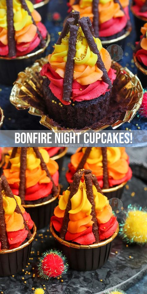 Delicious chocolate and vanilla cupcakes that are perfect for bonfire night – buttercream flames, matchmaker kindling and more = Bonfire Cupcakes! Bonfire Night Cake, Bonfire Cake, Bonfire Night Food, Janes Patisserie, Cupcake Mix, Kid Cupcakes, Bonfire Night, Fancy Desserts, Vanilla Cupcakes