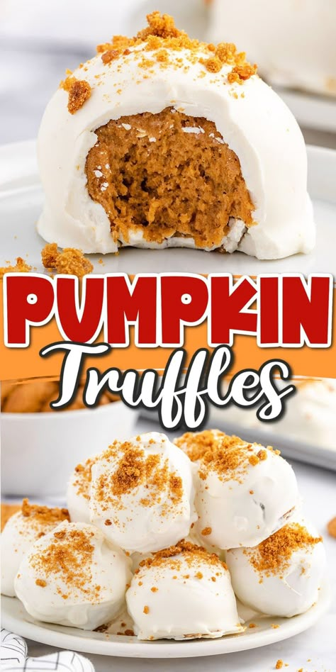 Pumpkin Truffles Pumpkin Bread Truffles, Pumpkin Truffle Balls, Thanksgiving Truffles, Pumpkin Cake Balls, Halloween Baking Recipes, Autumn Desserts, Spice Cake Mix And Pumpkin, Pumpkin Truffles, Yummy Candy