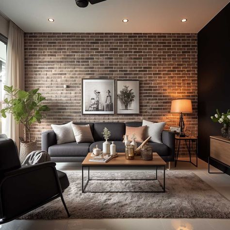 Exposed Brick Walls Living Room Modern, Brick Effect Wallpaper Living Room, Red Brick Interior Living Rooms, Brick Accent Wall Living Room, Exposed Brick Walls Living Room, Living Room Exposed Brick, Red Brick Living Room, Industrial Boho Living Room, Brick Wall Interior Living Room