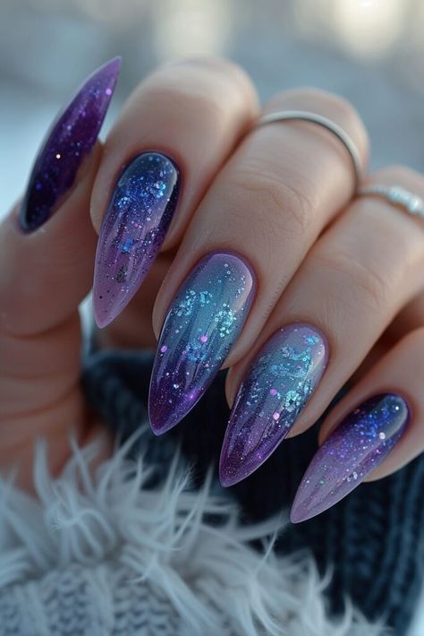 50 Beautiful Purple Nail Art Inspirations for 2024 - ACRYLICNAILDESIGNS Snowflake Nail Design, Galaxy Nail Art, Pastel Nails Designs, Purple Nail Art, Purple Nail Designs, Galaxy Nails, Purple Nail, Trendy Nail Design, Reference Poses