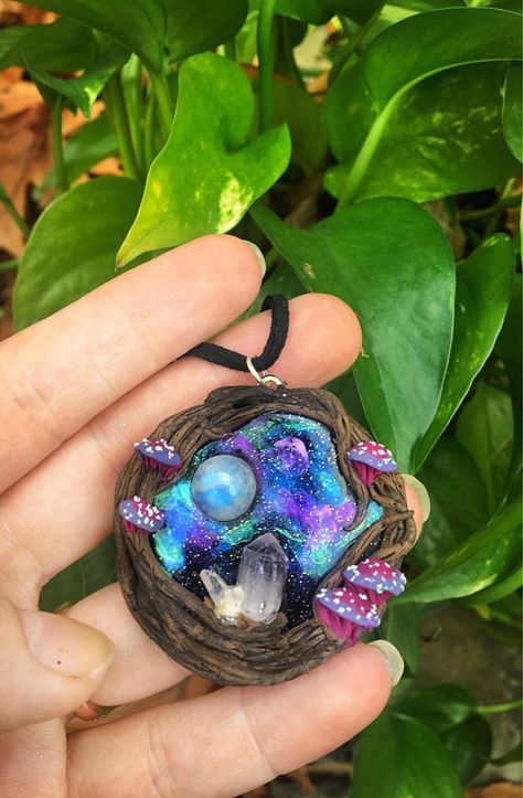 Enchanted Night, Anting Manik, Galaxy Pendant, Vera Cruz, Magical Jewelry, Cute Polymer Clay, Polymer Clay Pendant, Clay Necklace, Sculpting Clay