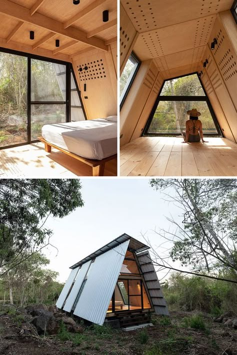 Tiny House Unique, Wood Cabin Design, Black Metal Building, Small A Frame Cabin, A Frame Interior, Modern A Frame Cabin, Prefabricated Cabins, Modern Cabin Design, Modern A Frame