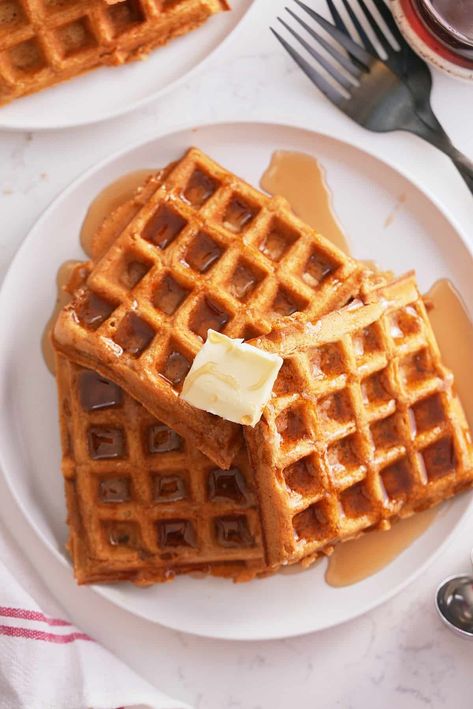 Sweet Potato Waffles - My Forking Life Potato Waffle Recipe, Pumpkin Waffles Recipe, Waffle Batter, Homemade Honey Butter, Healthy Waffles, Potato Waffles, Sweet Potato Waffles, Pumpkin Waffles, Cinnamon Butter