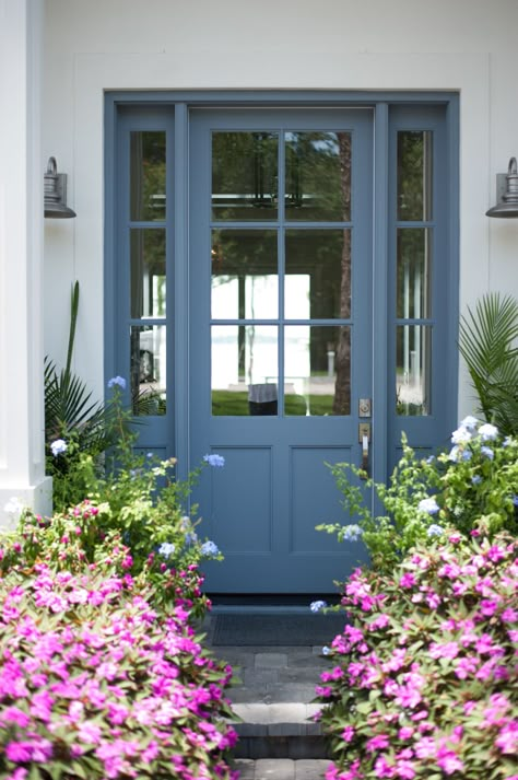 Interior Envy: A Coastal Inspired Home - Showit Blog Stained Front Door, Aqua Tiles, Coastal Exterior, Blue Front Door, Brown Doors, French Doors Exterior, Beach House Exterior, Front Door Colors, Custom Built Homes