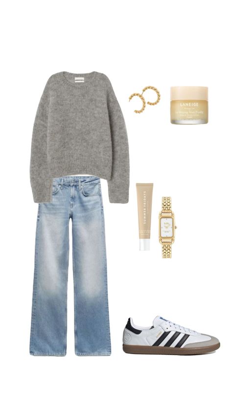 clean girl fall outfit Knit Sweater Outfit Fall, Grey Sweater Fall Outfit, Clean Girl Fall, Knit Sweater Outfit, Coach Watch, Sweater Jeans, Adidas Sambas, Sweater Outfits Fall, Girls Fall Outfits