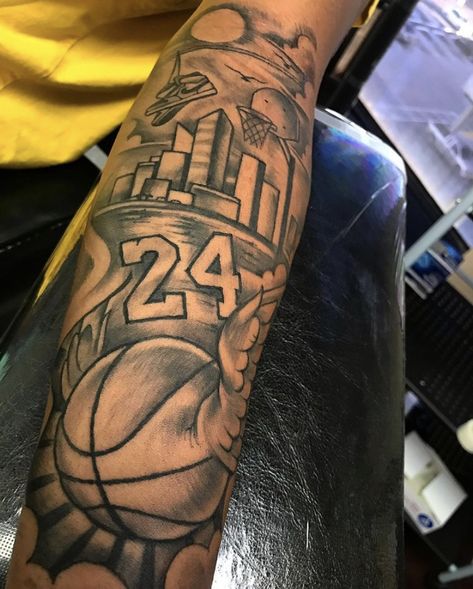 Laker Tattoos, Basketball Memorial Tattoo, Basketball Forearm Tattoos, Basketball Sleeve Tattoo, Kobe Bryant Tattoo Design, Basketball Tattoos Ideas For Women, Sports Tattoos For Men Ideas, Basketball Tattoos For Men Ideas, Basketball Tattoo Design