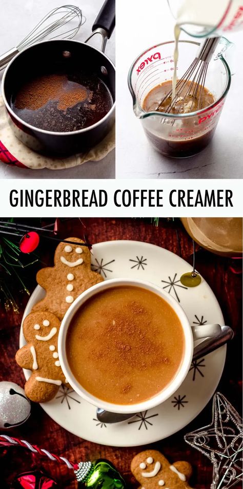 Turn your favorite Christmas cookie into a delightful cup of coffee with homemade gingerbread coffee creamer flavored with real molasses and warm winter spices. Keep your flavoring as a standalone syrup or add your milk of choice to make it a full coffee creamer. | gingerbread coffee creamer recipe | gingerbread coffee creamer homemade | diy gingerbread coffee creamer | how to make gingerbread coffee creamer | gingerbread cookie dough coffee creamer | homemade christmas coffee creamer recipes Homemade Creamer Flavors, Homemade Gingerbread Coffee Creamer, Homemade Coffee Creamer Flavors, Christmas Coffee Creamer Recipes, Canning Coffee Creamer, Cookie Dough Coffee, Gingerbread Coffee Creamer, Diy Creamer, Molasses Coffee